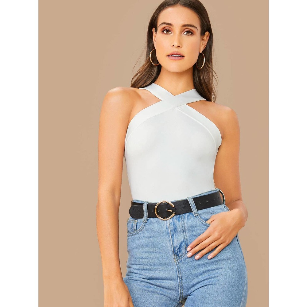 Y2K Fitted Crisscross Halter Tank Top baby blue - Picture 5 of 11